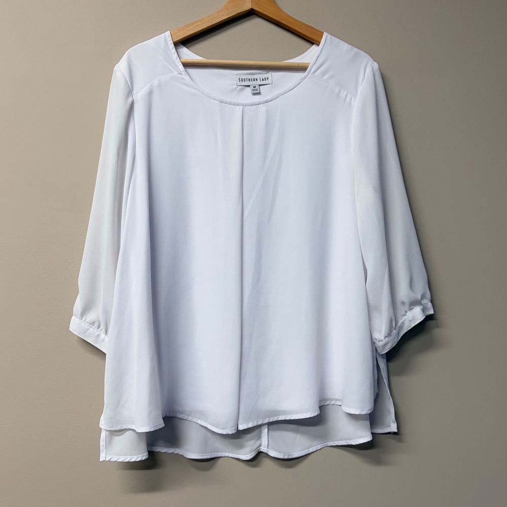 Southern Lady White Pleated Layered Blouse 3/4 Sleeve Scoop Neck Top Size M Chic